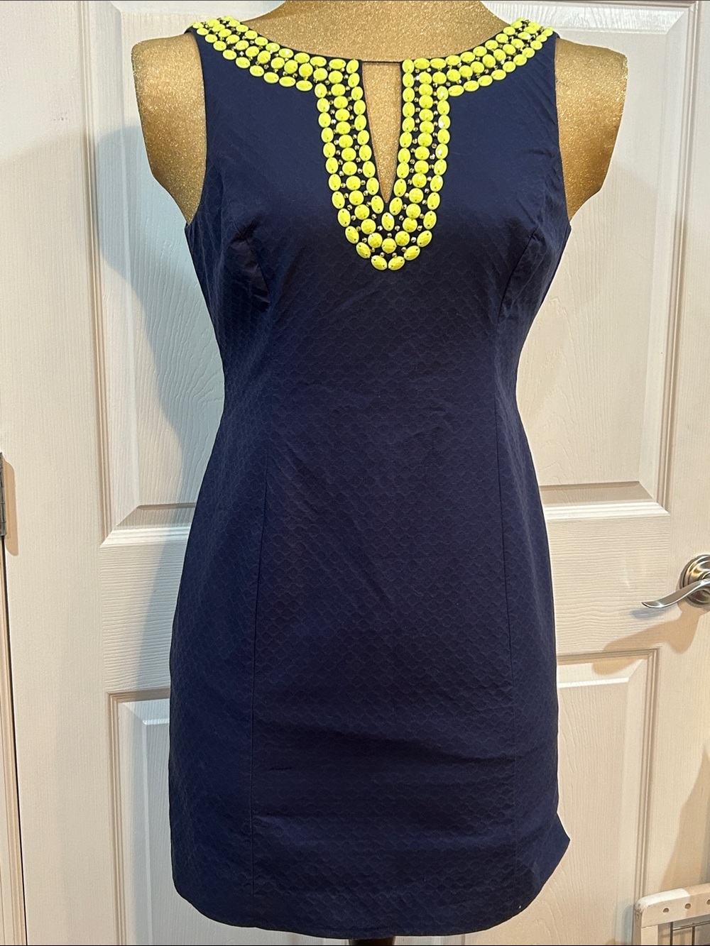Lily Pulitzer Navy Sleeveless Mini Dress with Neon Yellow Beaded Neckline PTP:18